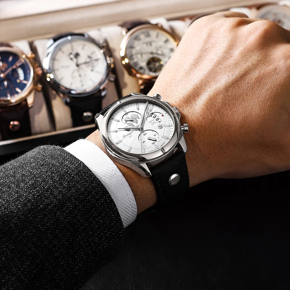 POEDAGAR Man Wristwatch Chronograph Date Waterproof Leather Men Watch Casual Quartz Mens Watches Sports Male Clock Reloj 260302