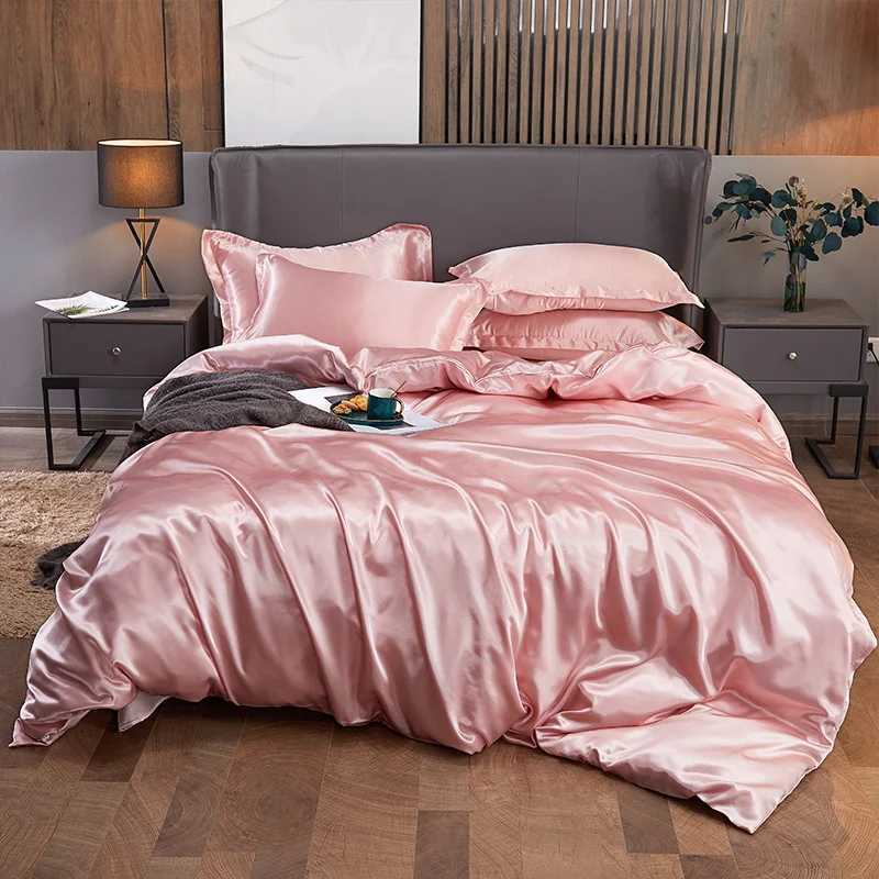 Solid color 3/4PCS fitted sheet bedding set Washed ice silk flat bedsheet Duvet cover pillowcase Quilt cover sets twin king size D260317