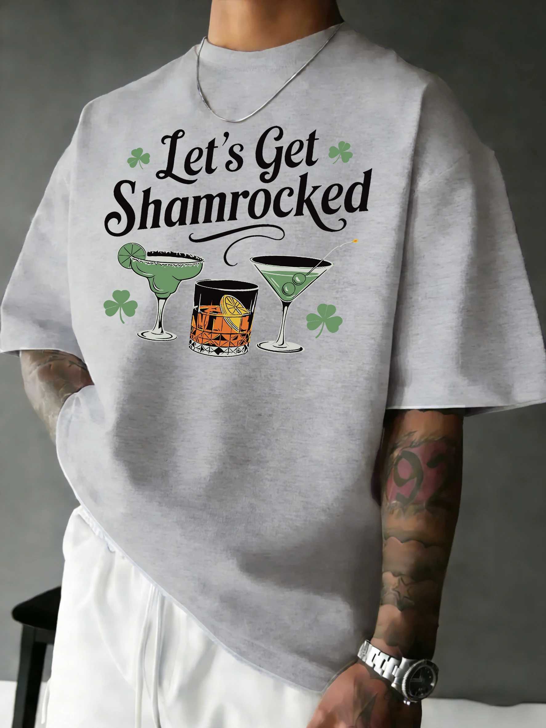 LetS Get Shamrocked Greenprint Man Fashion Simple T-Shirt Casual All-Match Streetwear Cotton Loose Top Sport O-Neck T Shirt M260317