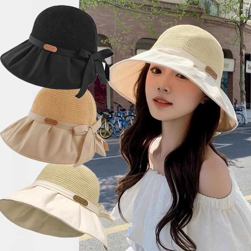 Summer Women Bucket Hats UV Protection Sun Hats Soft Foldable Straw Woven Wide Brim Outdoor Beach Hat Panama Cap Sunshade Caps H260317 - view 3