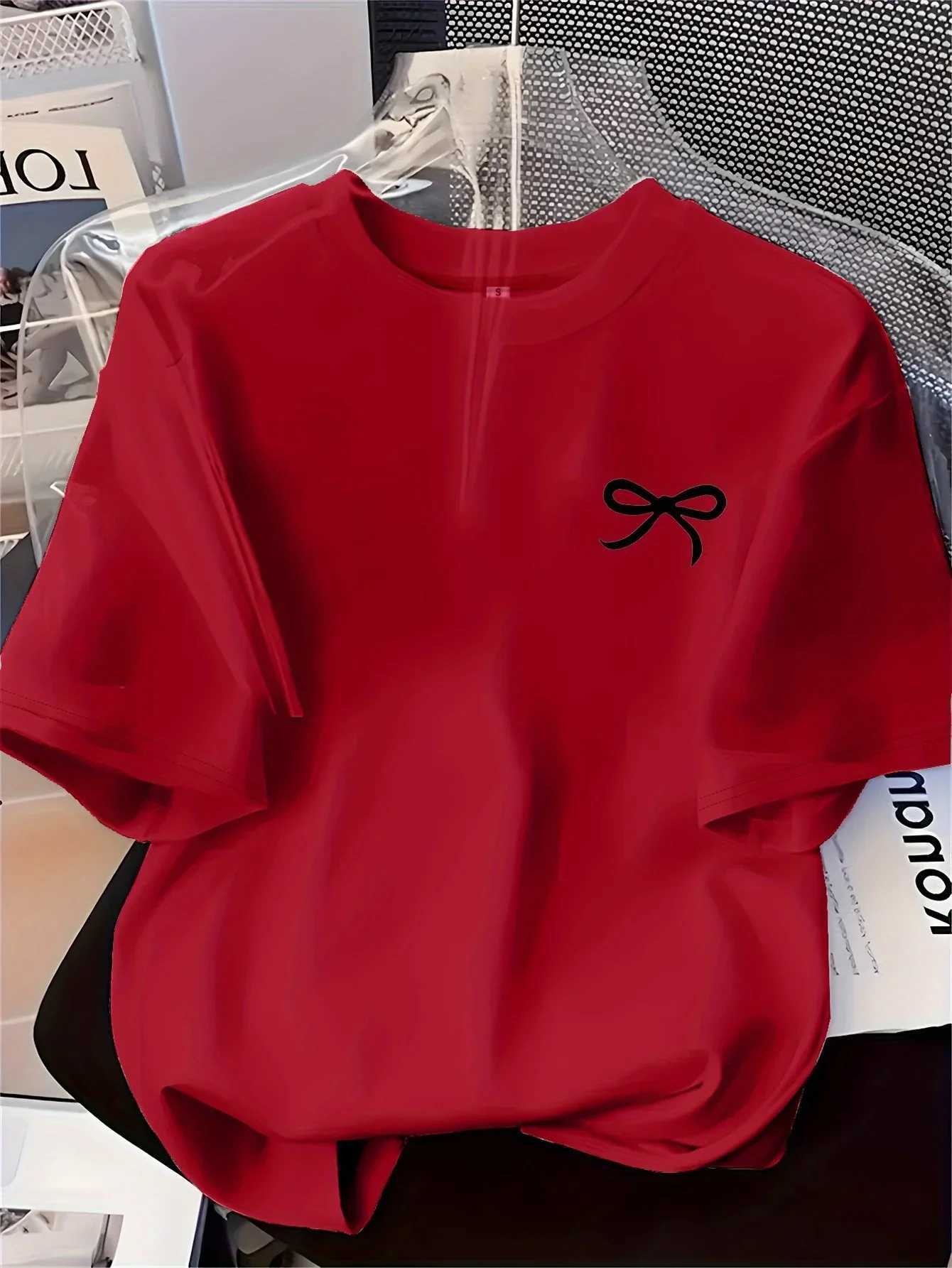 New Womens T-shirt Black Bow Printed Simple Style Casual Fashion Short Sleeve T-shirt Soft Comfortable Summer Women Clothing M260317