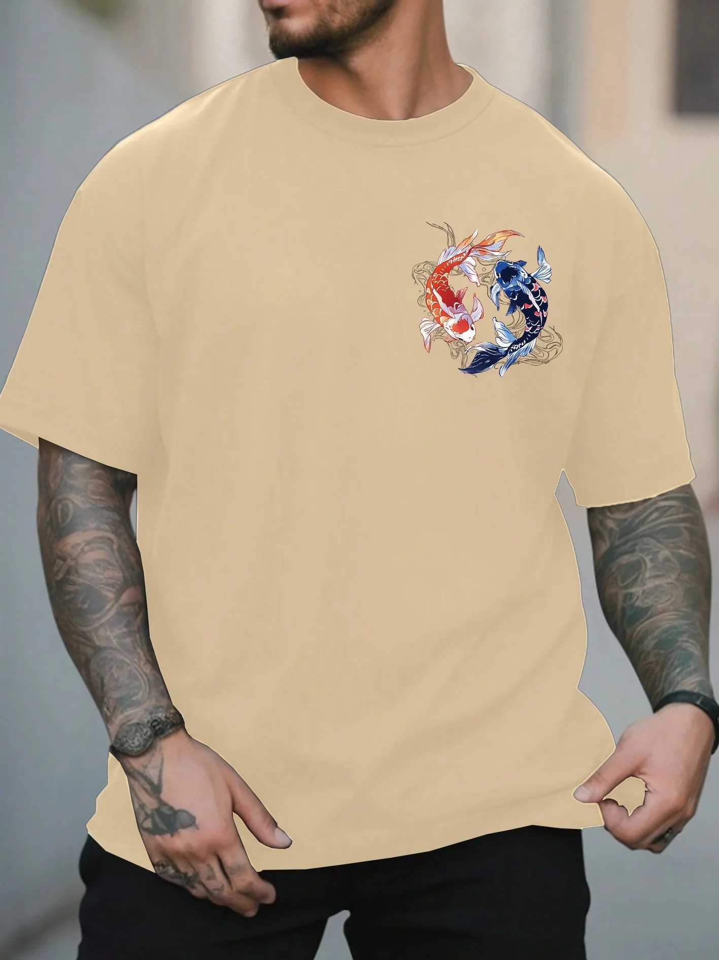 Koi Printed Pattern T-shirt Mens Loose and Comfortable Pure Cotton Round Neck Short Sleeve Fashion Casual Trend Mens Clothing M260317