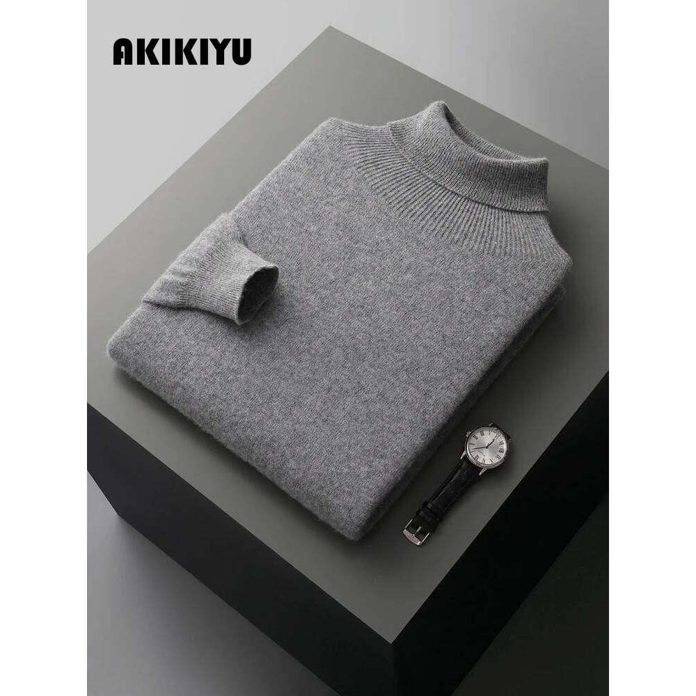 Autumn Winter Men's Sweater Turtleneck Long Sleeve Pullover Smart Casual 100% Merino Wool Knitwear Soft Warm Jumper Clothes AKIKIYU