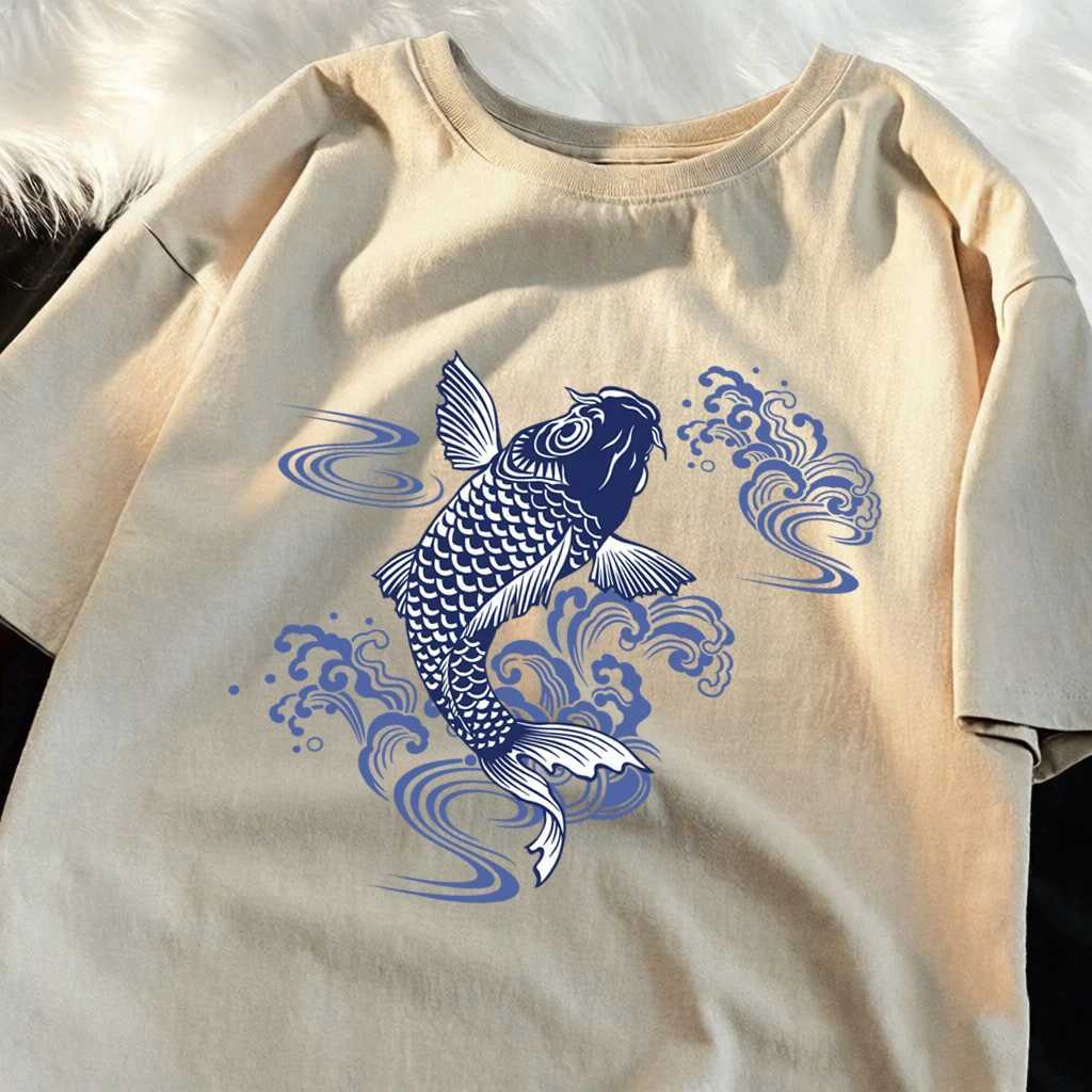 Paper Cut Koi Good Luck Design Men T-Shirt Trendy Casual Loose O-Neck Tee Cotton Streetwear Unisex Summer All-Match Clothes M260317