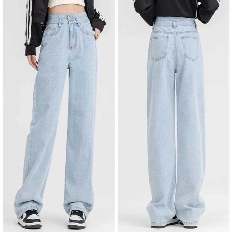 New Woman Chic Double Buckle High Waist Jeans s Casual Baggy Wide Leg Pants Lady Korean Designer Straight Leg Denim Trousers M260317