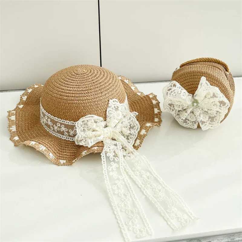 Lace Bow Straw Hat With Bags 2pcs Set For Girl Wide Brim Vacation Cap Summer Kids Baby Outdoor Beach Sunscreen Sun Hats H260317 - view 7