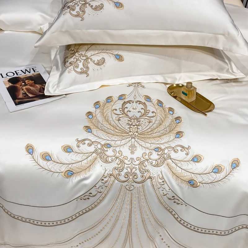Luxury Gold Feather Embroidery Egyptian Cotton Champagne/Light Yellow Patchwork Duvet Cover Bed Sheet Pillowcases Bedding Set D260317