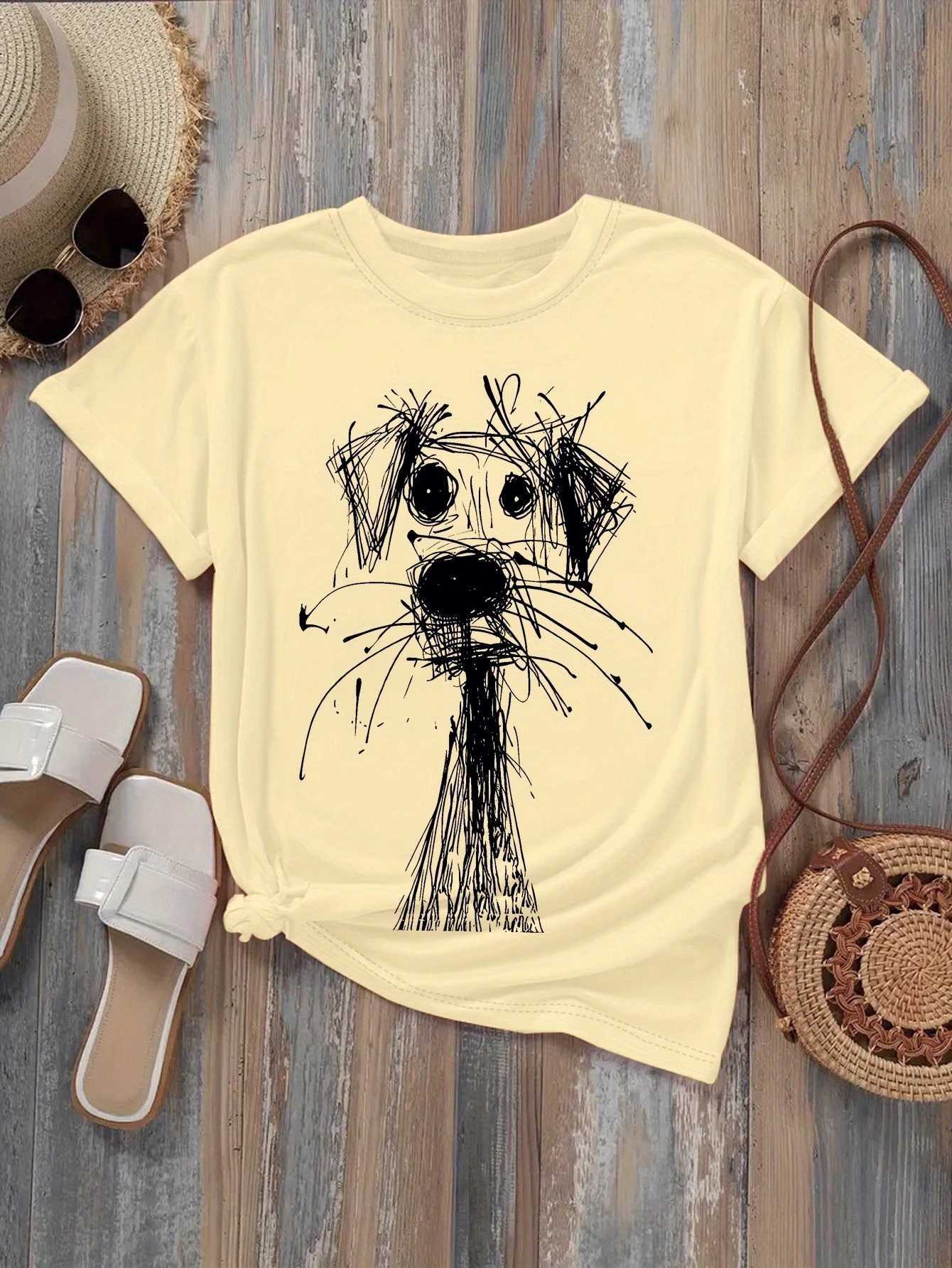 Womens Fashion Printed T-Shirt with Fun Dog Sketch Design Soft Round Neck Short Sleeve Casual Style for Daily Summer Clothing M260317