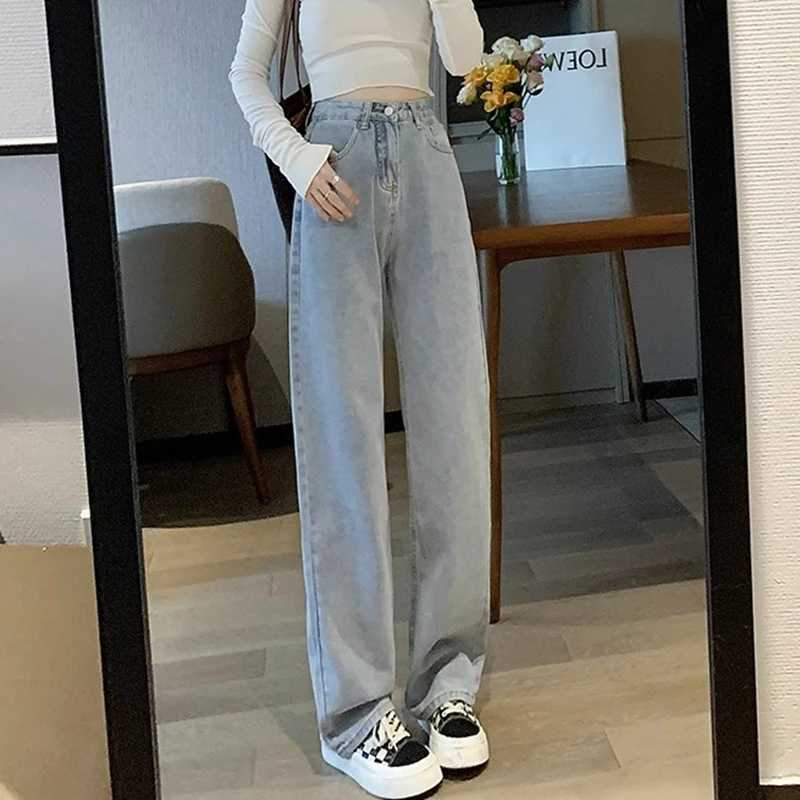 Woman Vintage Wide Leg Jeans s High Waist Pants Female Fashion Black Grey Retro Blue Light Blue Pink Denim Trousers M260317