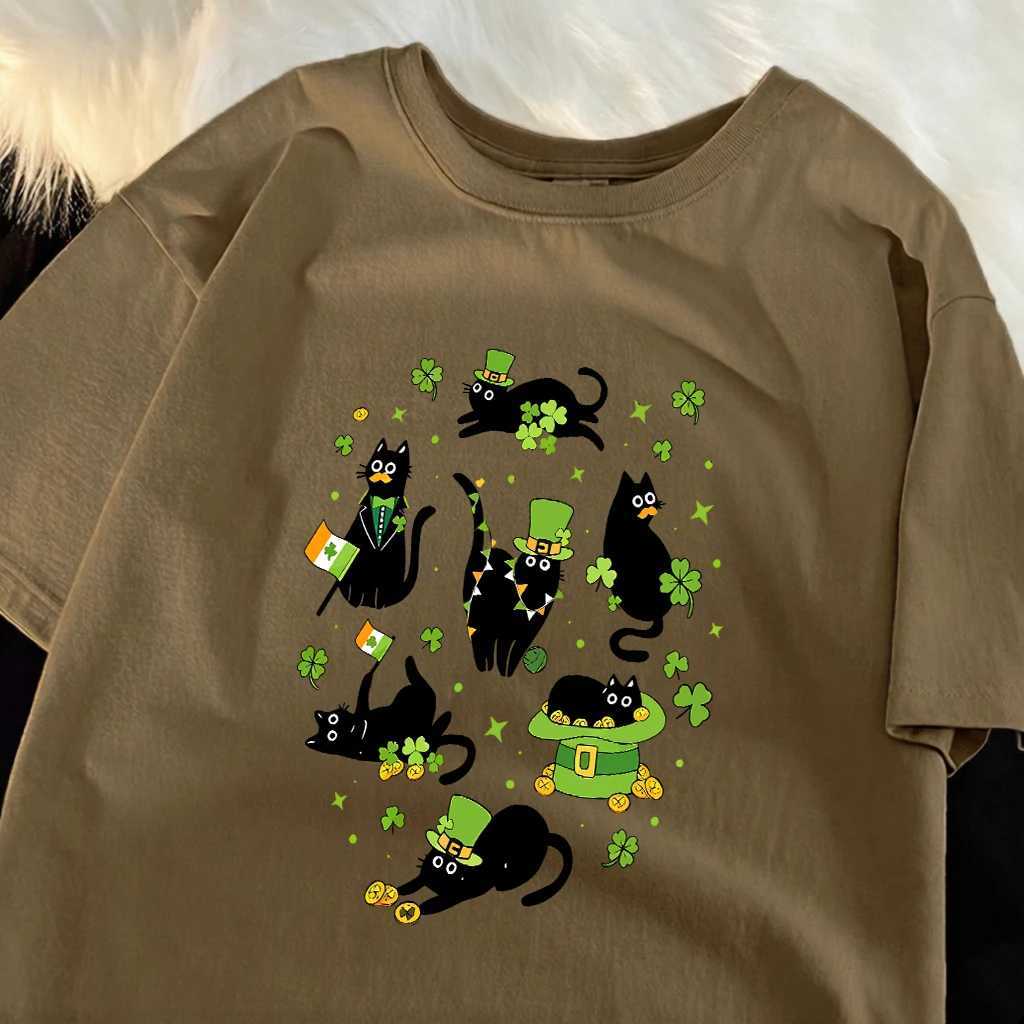 St PatrickS Day Black Cats Pattern Soft shirt Man Summer Beach Short Sleeve Comfortable Loose T-Shirt Cotton All-Match Clothes M260317