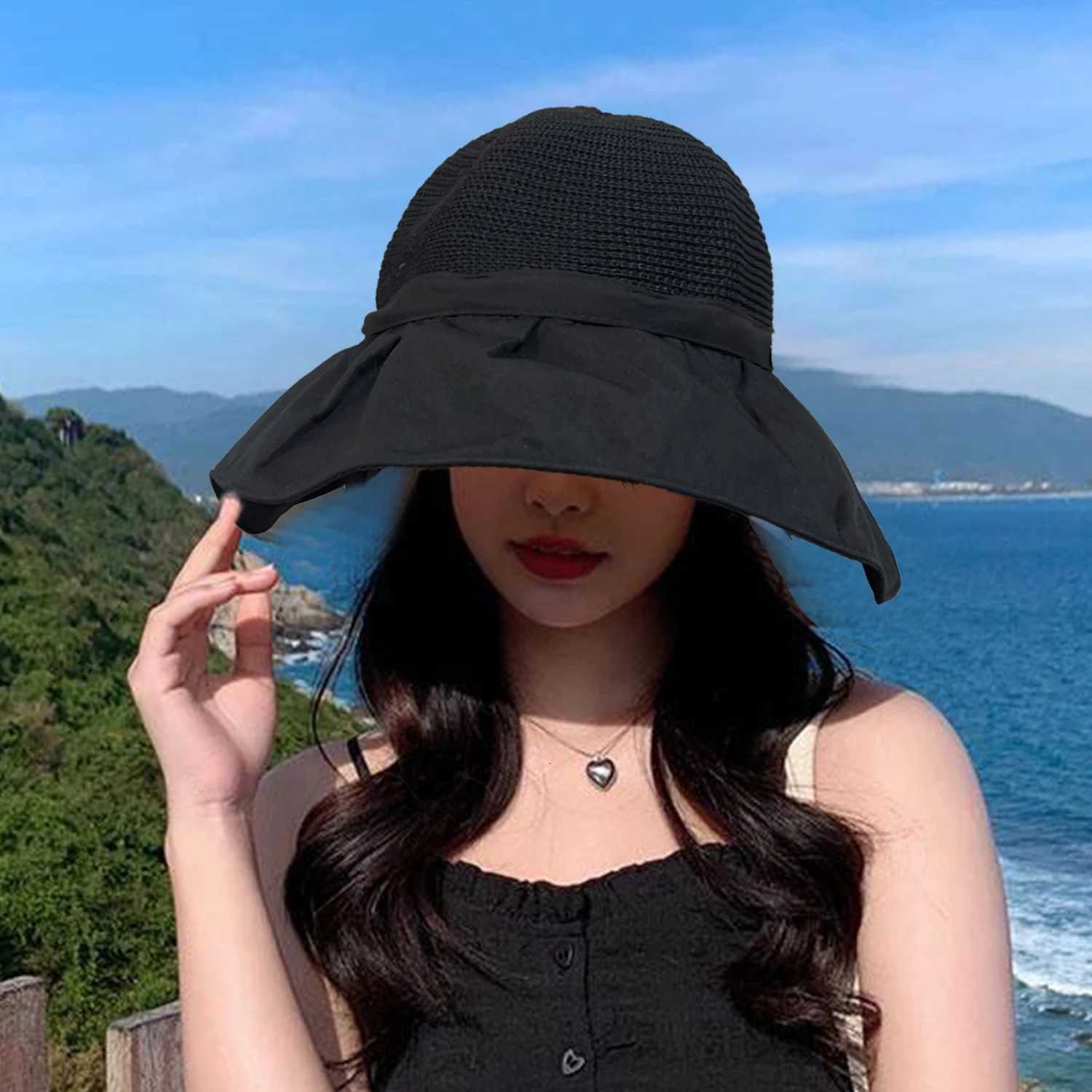 Summer Women Bucket Hats UV Protection Sun Hats Soft Foldable Straw Woven Wide Brim Outdoor Beach Hat Panama Cap Sunshade Caps H260317 - view 4