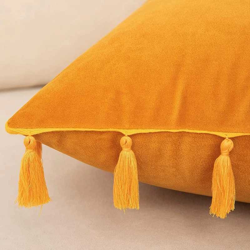 Velvet Soft Solid Decorative Throw Pillow Cover with Tassels Boho Accent Luxury Gift Cushion Case for Couch Bedroom Car Yellow D260317