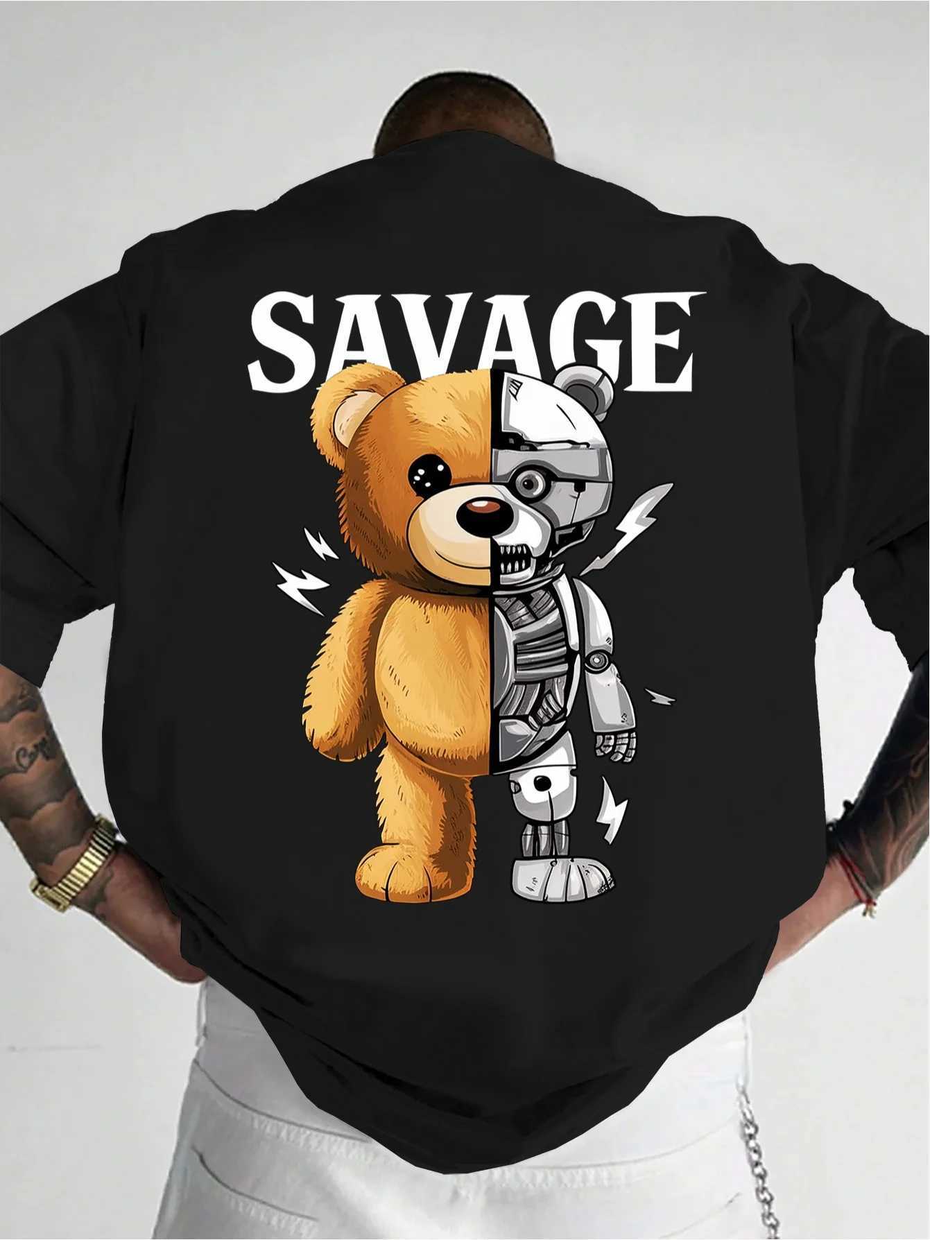 Summer Men Cyber Future Mechano Cartoon Bear Letter T-shirt Street Fashion Loose Fit 100 Cotton Suitable for Daily Casual Wear M260317