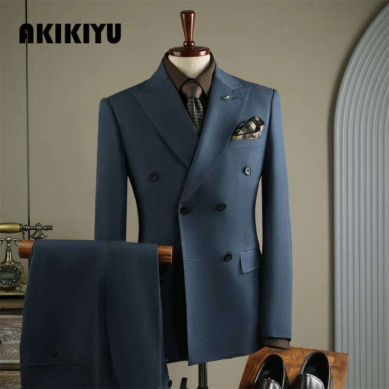High Quality Mens Formal Business Slim Fit Double-Breasted Striped Suit Set Groom Wedding Dress Party Tuxedo Men's Clothing AKIKIYU
