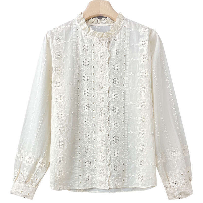 Women's Shirt 2026 Spring New Style Lace Trim Ruffle Collar Apricot Top Long Sleeve Embroidered Floral Pure Cotton Blouse