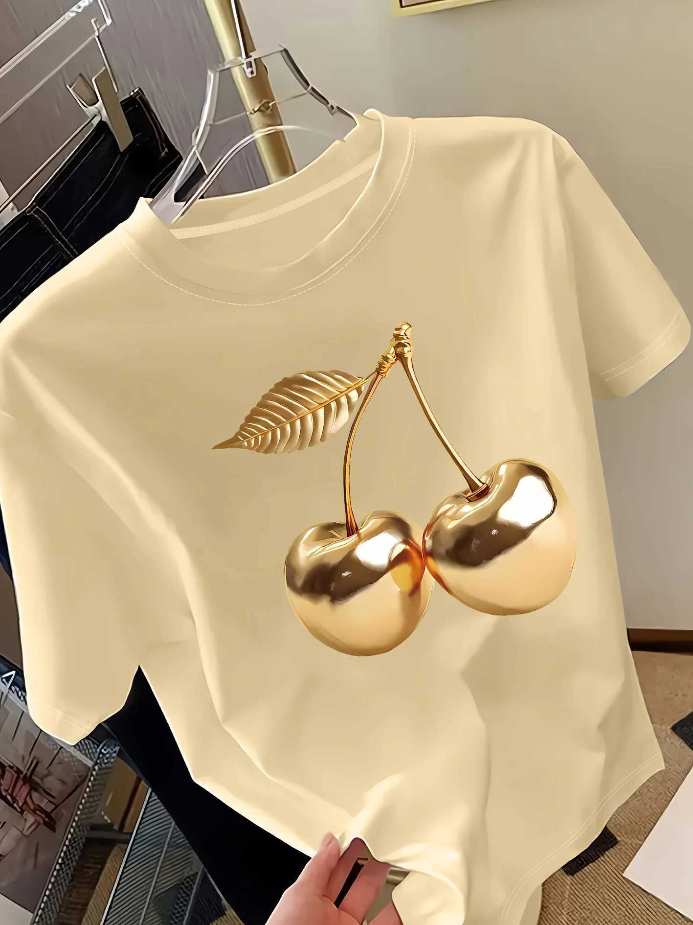 Golden Cherry Print Women Short Sleeve T-Shirt Stylish Casual Tee a Sense of Elegance Versatile Top for Women Minimalist Design M260317