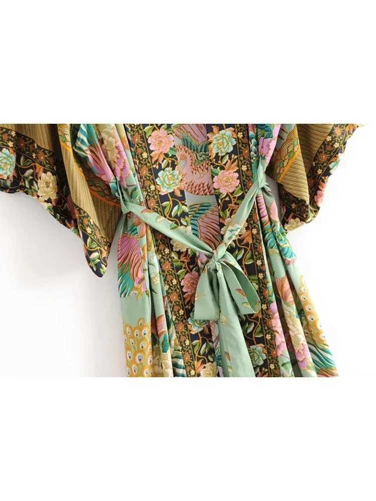 Peacock Floral Print Bat Slve Beach Bohemian Kimono Robe for Women Ladies Beachwear Summer Dress Bikini Boho Cover-ups X260316