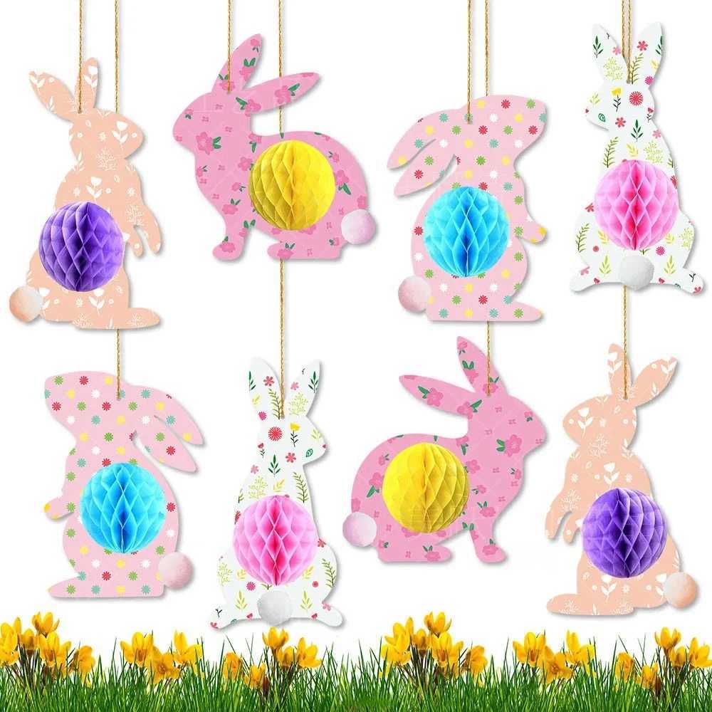 4pcs Easter Colorful Bunny Hanging Pendant Easter Rabbit shape Hanging Honeycomb Paper Ball Ornament Easter Spring party decor H260316