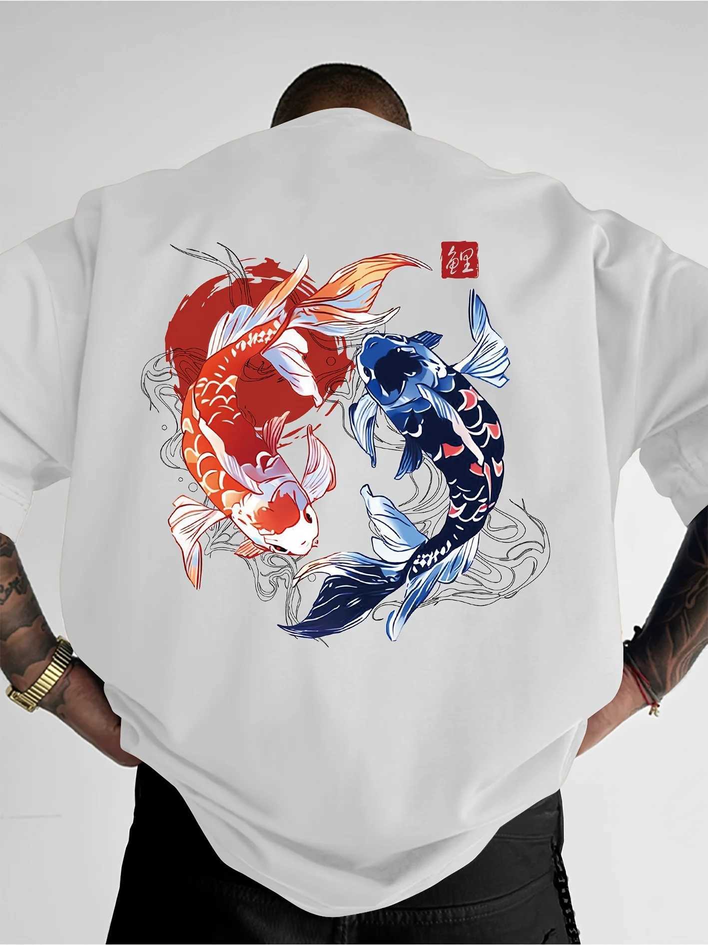 Koi Printed Pattern T-shirt Mens Loose and Comfortable Pure Cotton Round Neck Short Sleeve Fashion Casual Trend Mens Clothing M260317