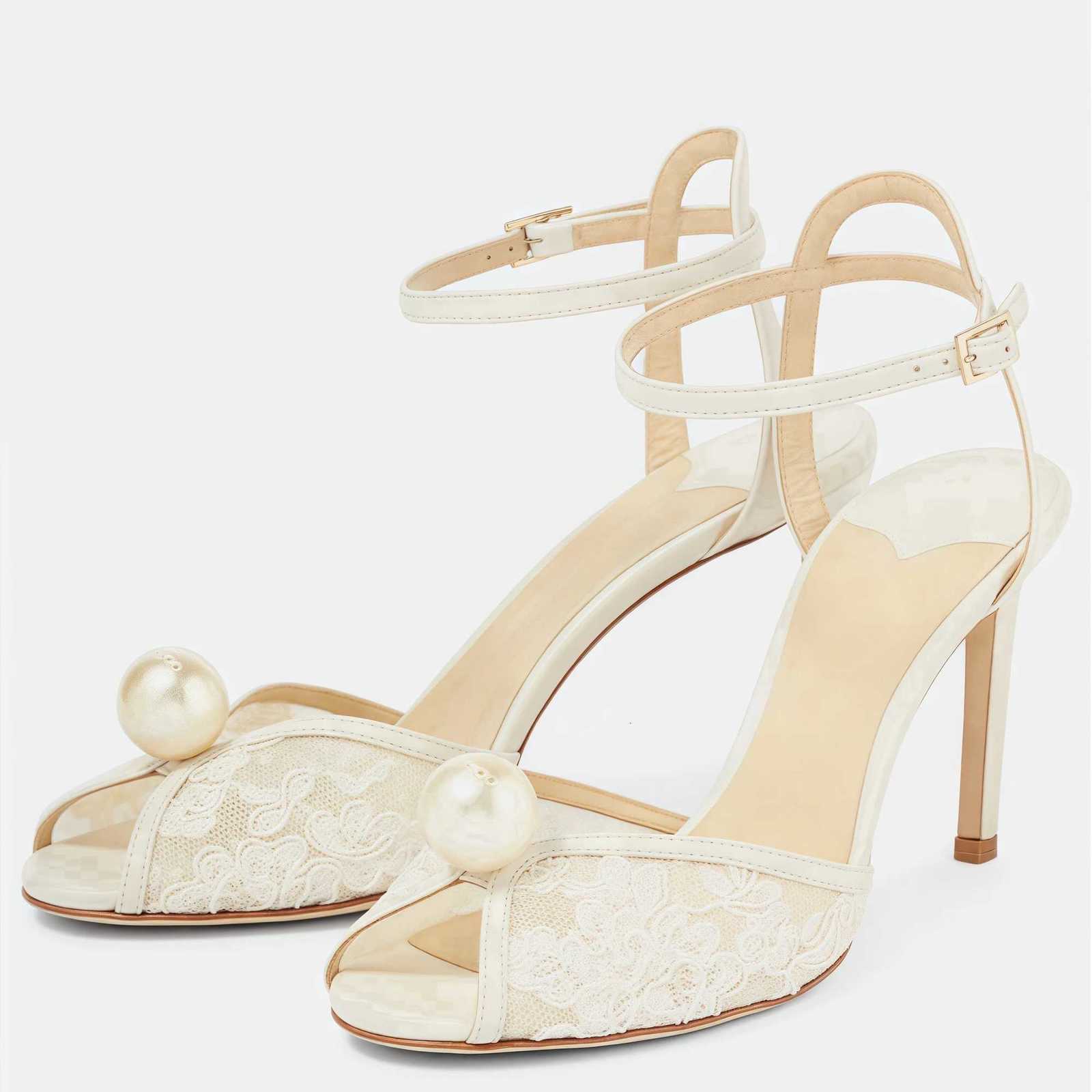 Ladies Fashion White Lace Pearl Ankle Strap High Heel Sandals Crystal-embellished Open Peep Toe Wedding Dress Women Shoes Pumps K260317