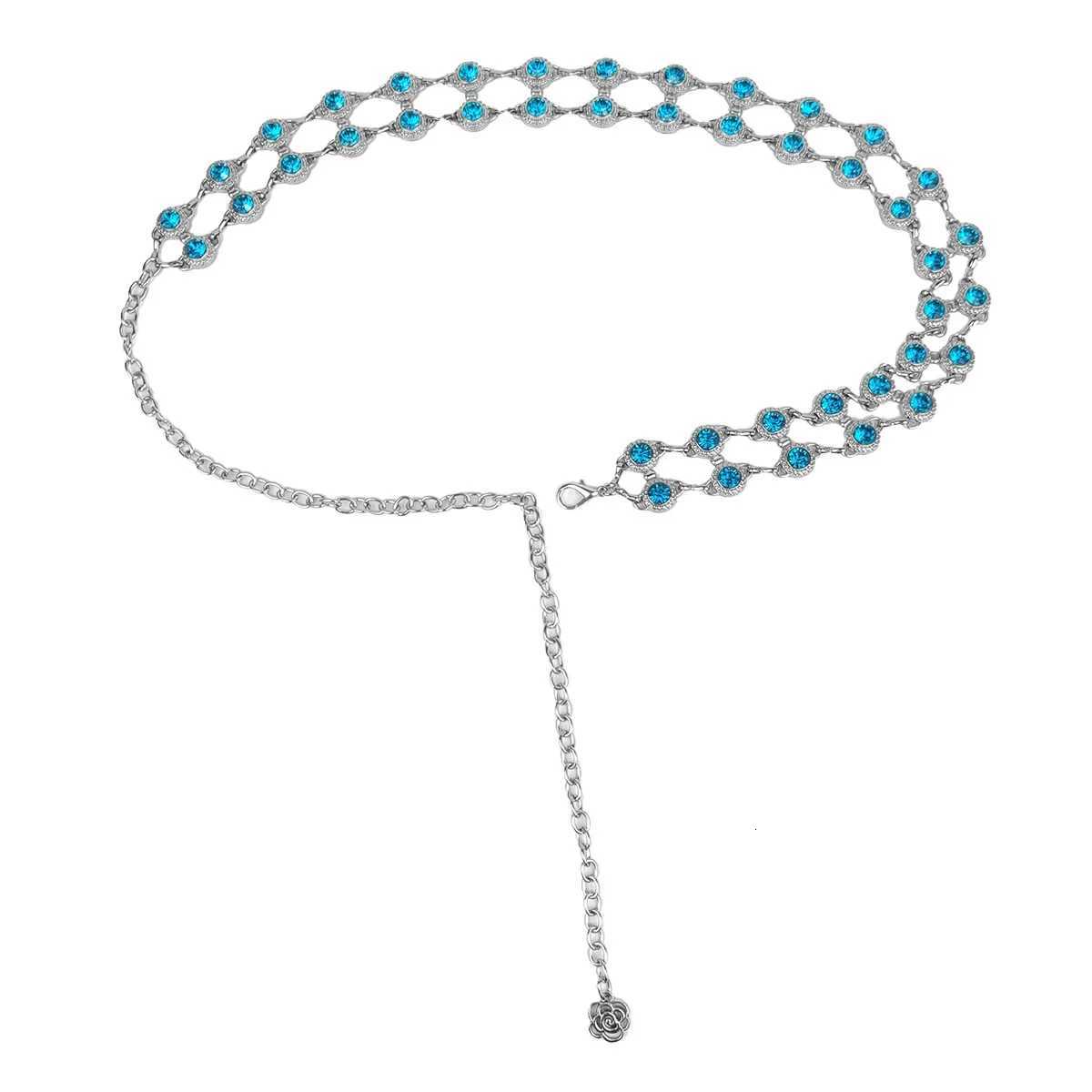 Fashion blue rhinestone waist chain luxury ethnic style silver hollow chain decorated with thin waist belt women accessories H260316 - view 7