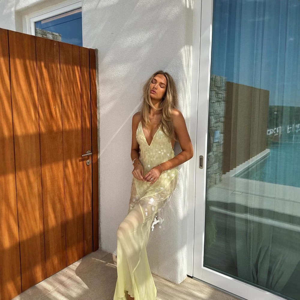 Holiday Sequin Lace See Through Long Dress Women Patchwork Sleeveless V-neck Lace Up Backless Party Dresses Yellow Robe 250604