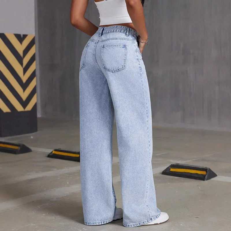 2025 New Loose Light Blue Washed Wide Leg Denim Pants Solid Color Pants Women JeansT260317