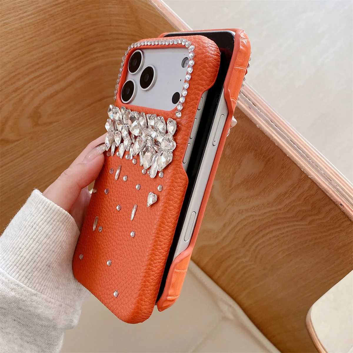 Orange Leather Glitter Diamond Phone Case for IPhone Air 17 16 Plus 12 13 14 15 Pro Max Luxury Bling Rhinestone Protective Cover C260314