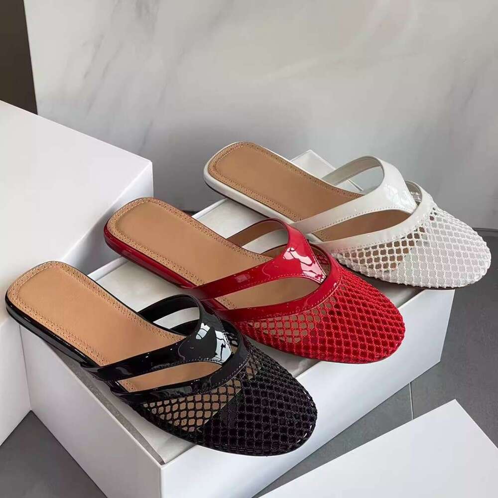 Women Supplies Spring New Fishnet Hollow Out Breathable Flip Flop Sandals With Closed Toe And Flat Sole