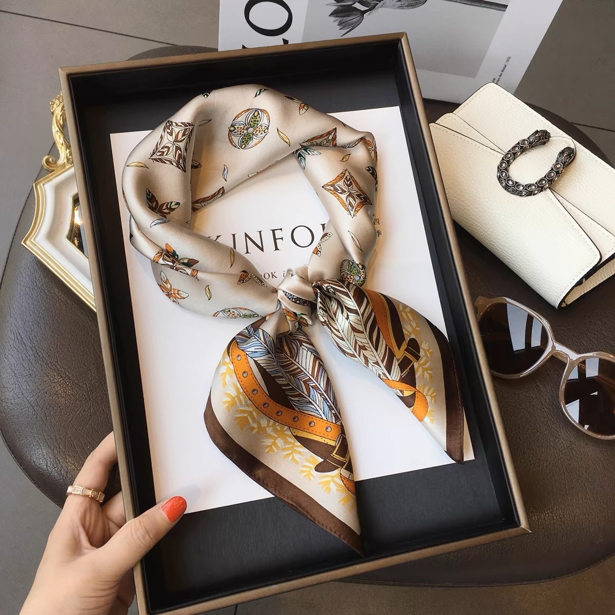 Spring 70 Small Square Silk Letter Print Women's New Professional Neck Satin Scarf