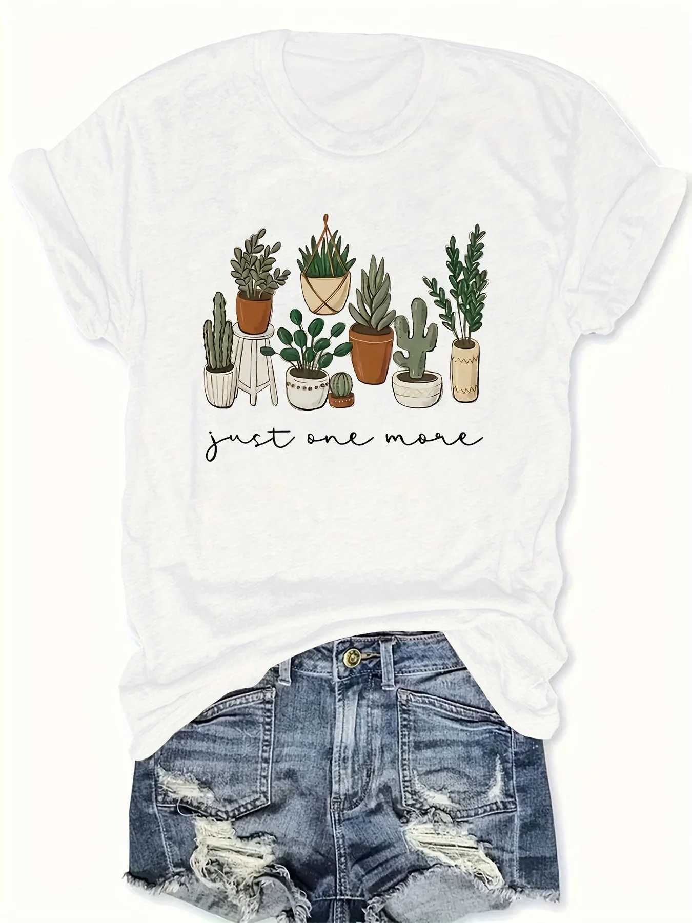 Cactus Botanical Garden Pattern Printed Summer T-shirt for Women Short Sleeve Round Neck Casual Top Summer Clothing M260317