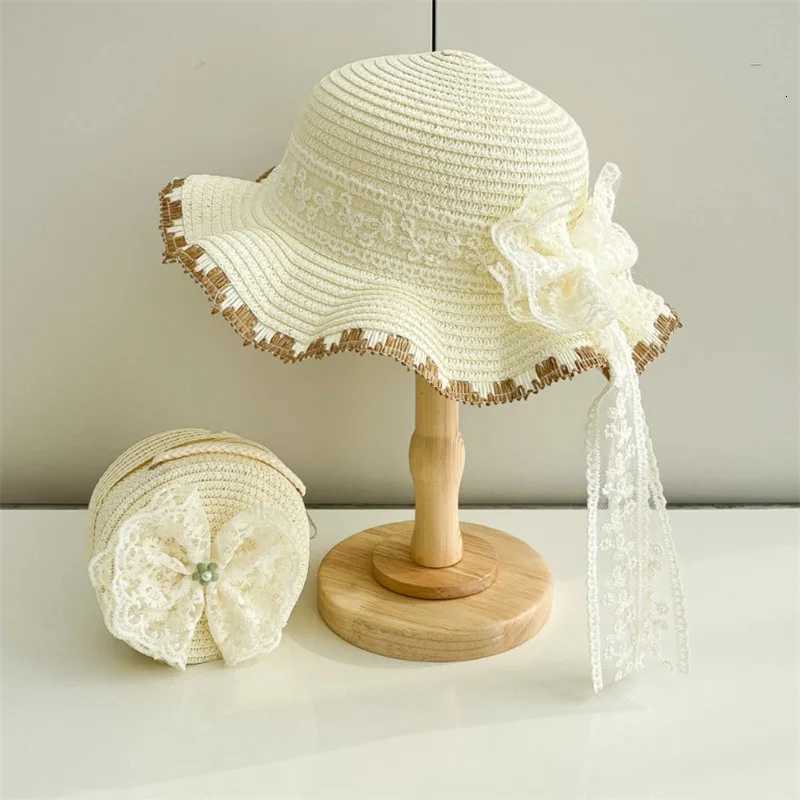 Lace Bow Straw Hat With Bags 2pcs Set For Girl Wide Brim Vacation Cap Summer Kids Baby Outdoor Beach Sunscreen Sun Hats H260317 - view 5