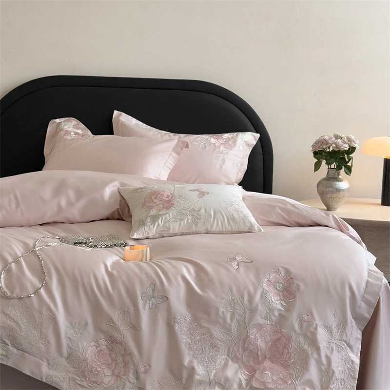 Premium 600TC Egyptian Cotton Luxury Flowers Butterfly Embroidery Pink Bedding Set Duvet Cover Flat/Fitted Sheet Pillowcase 4Pcs D260317