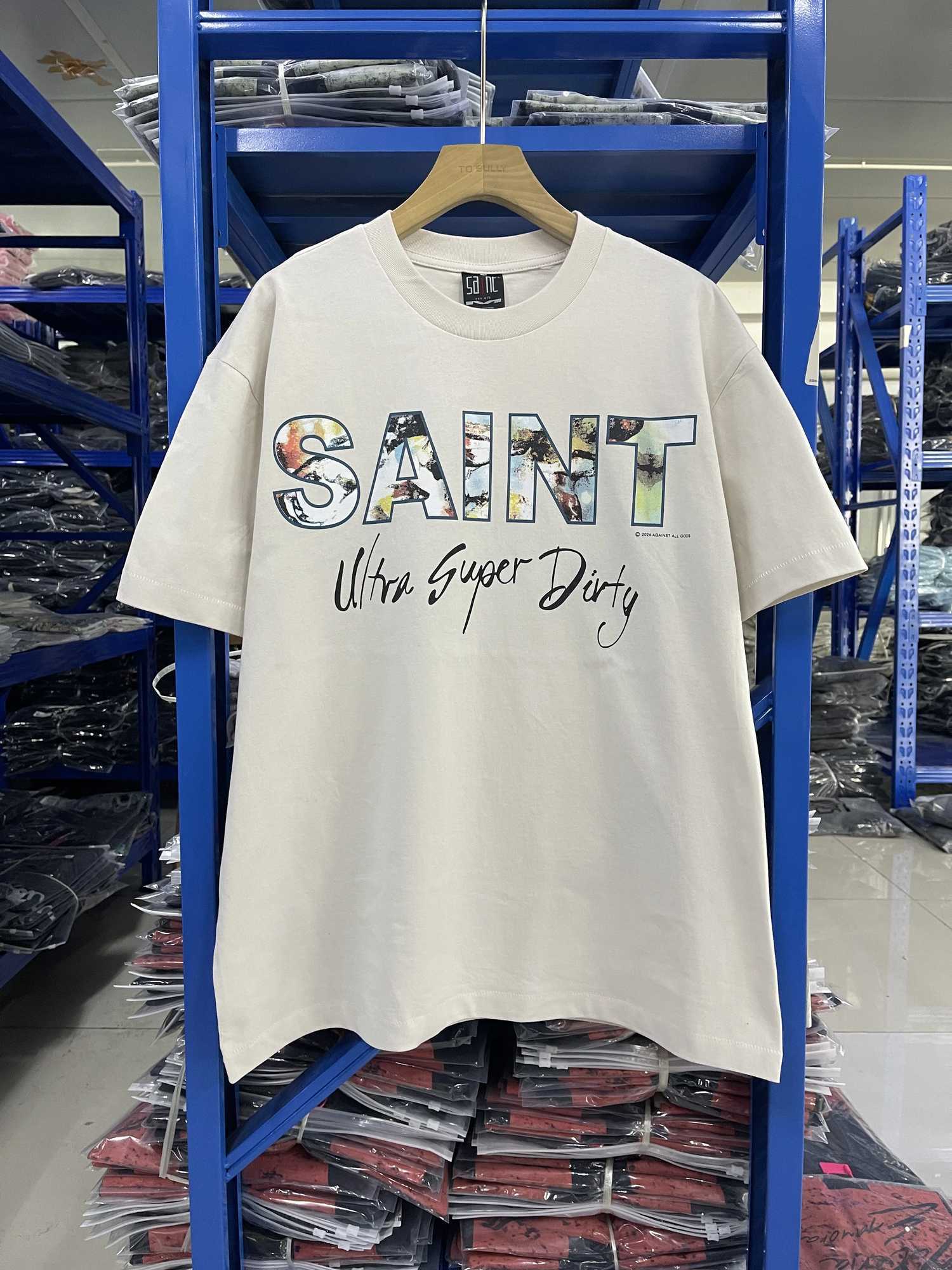 Summer 2025 Washed Mens Short Sleeves T-shirt Vintage Saint Letter Print Japanese Oversize High-quality Heavyweight Pure Cotton M260317