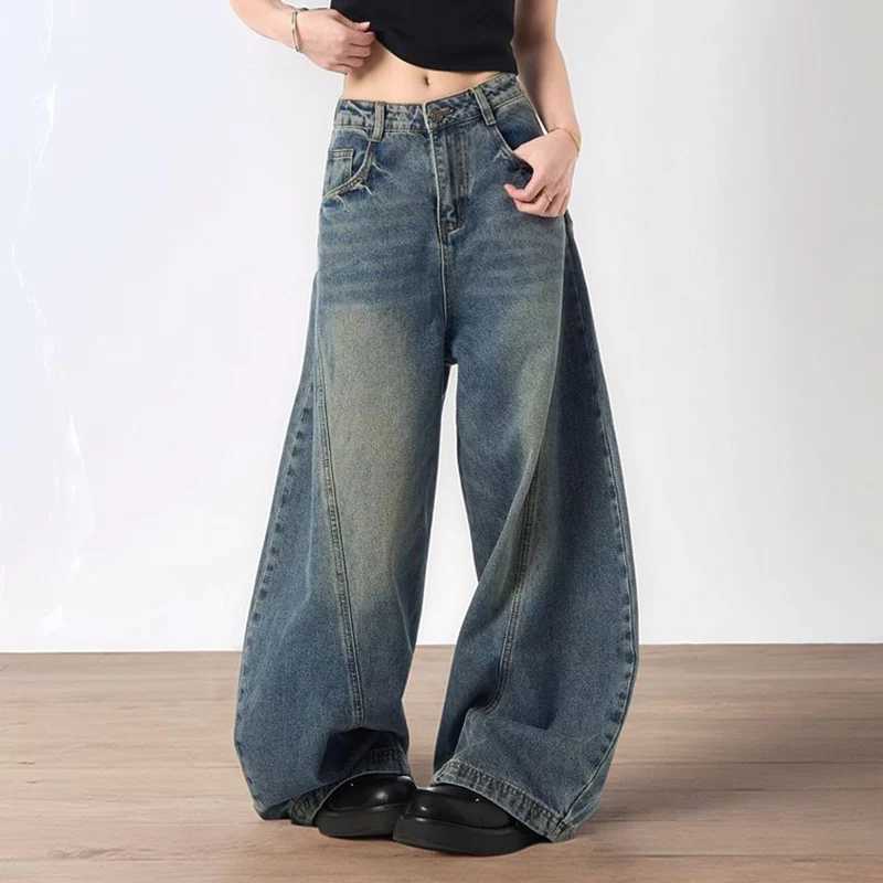 Lady Retro Baggy High Waist Jeans Female Comfortable Solid Wide Leg Denim Trousers Women Korean Fashion Casual Pants M260317