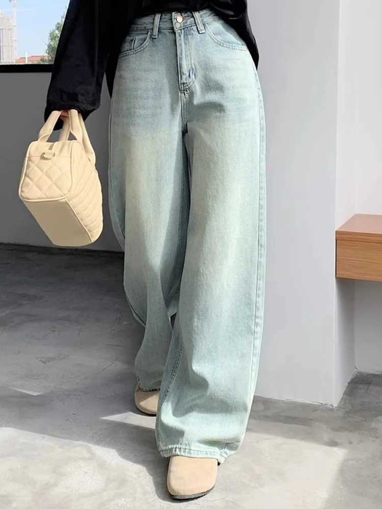 Woman 2024 Spring High Waist Wide Leg Trousers Female Washed Narrow Version Straight Leg Pants Fashion Light Blue Stacked Jeans M260317