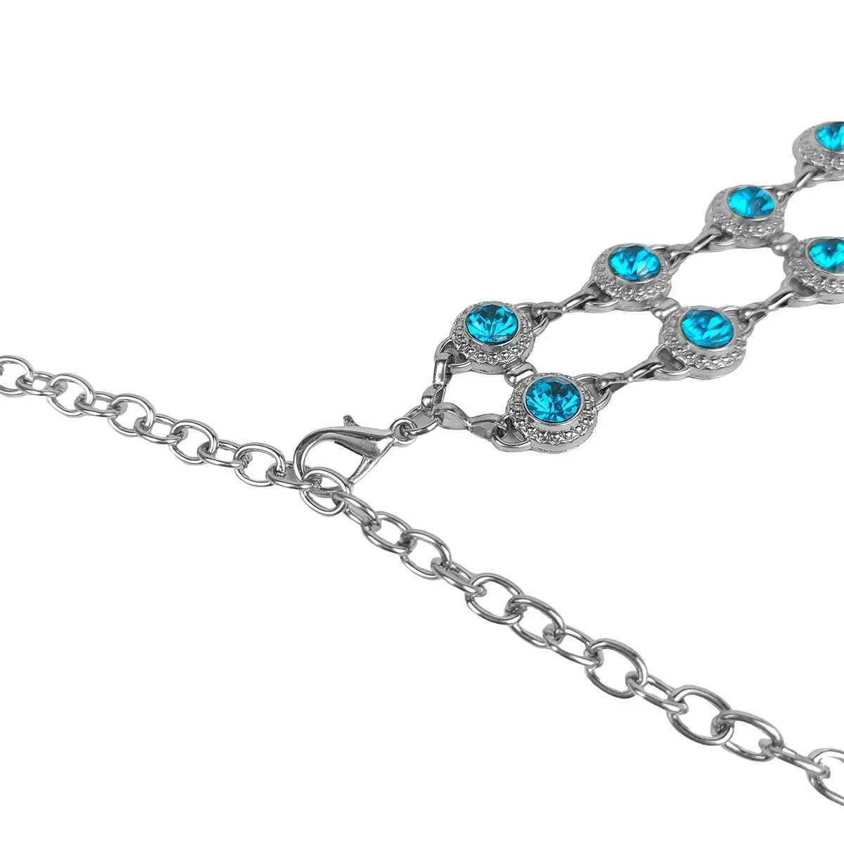 Fashion blue rhinestone waist chain luxury ethnic style silver hollow chain decorated with thin waist belt women accessories H260316 - view 5