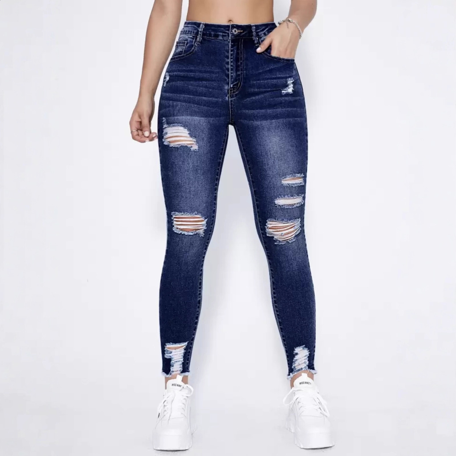 Blue Ripped Holes Skinny Jeans Slim Fit High Stretch Distressed Tight Jeans Womens Denim Jeans Clothing 241107