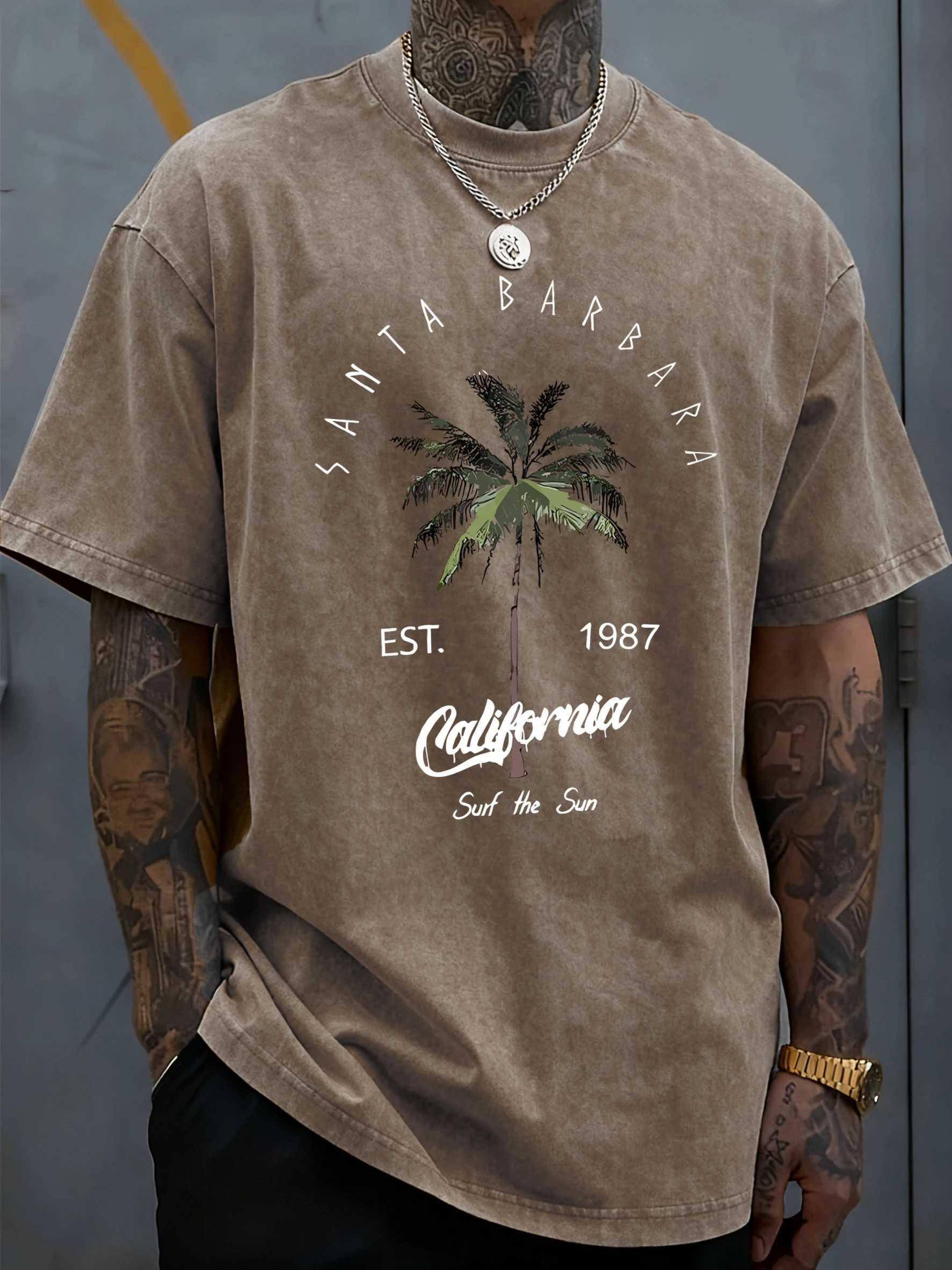 Galafonia Coconut Palm Santa Barbara Print Washed T Shirt Men Summer Cool Tops Cotton All-Match Streetwear Hip Hop Loose T-Shirt M260317
