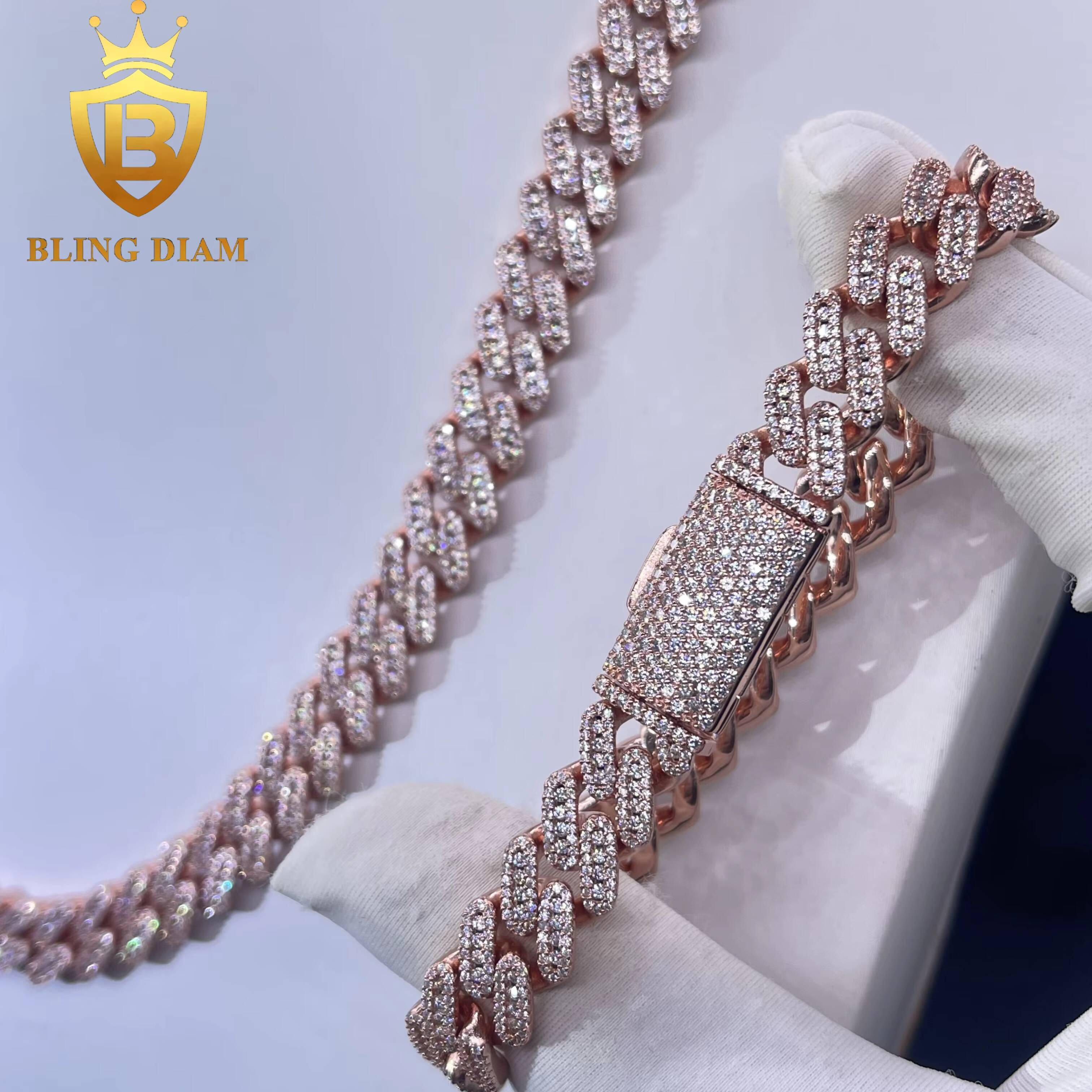10mm Hip Hop Jewelry Miami Rose Gold Cuban Link Chain Moissanite Iced Out 925 Sterling Silver Necklace Bracelet Set for Men