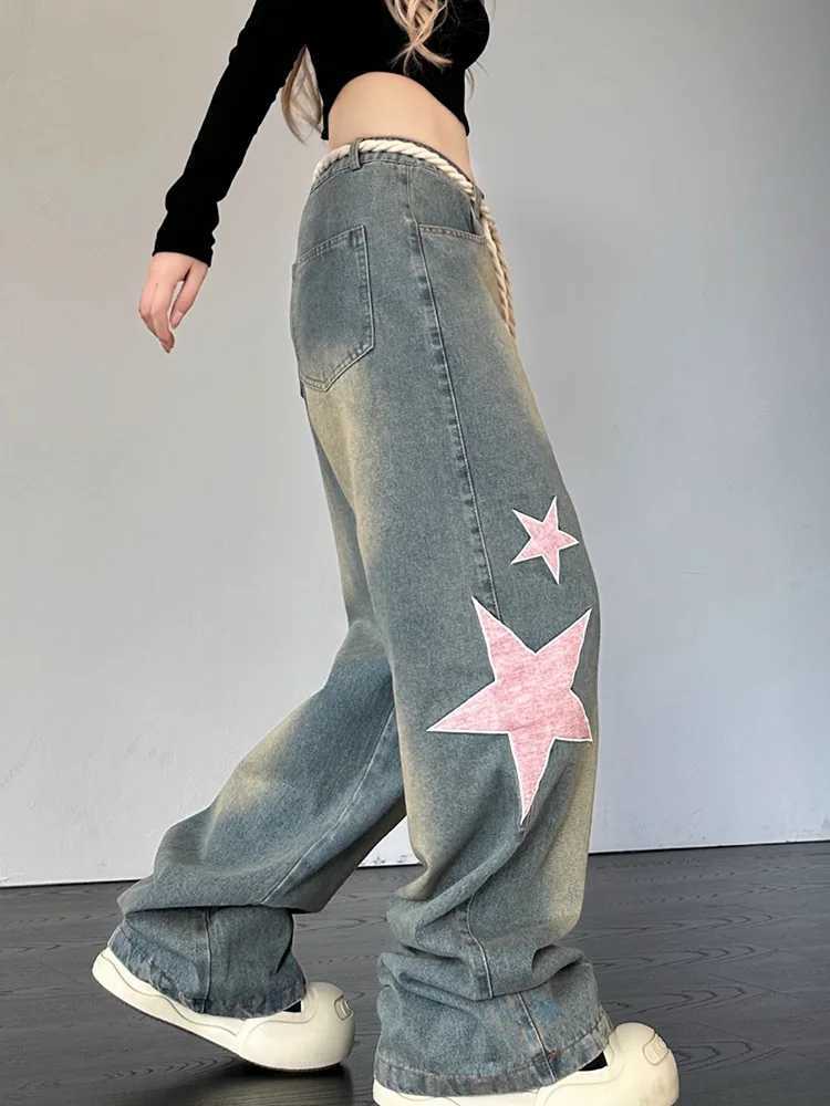 Women Fashion Wide Leg Baggy Jeans Streetwear Vintage Baggy Denim Pants Lady Korean Retro Patchwork Red Heart Oversized Trousers M260317