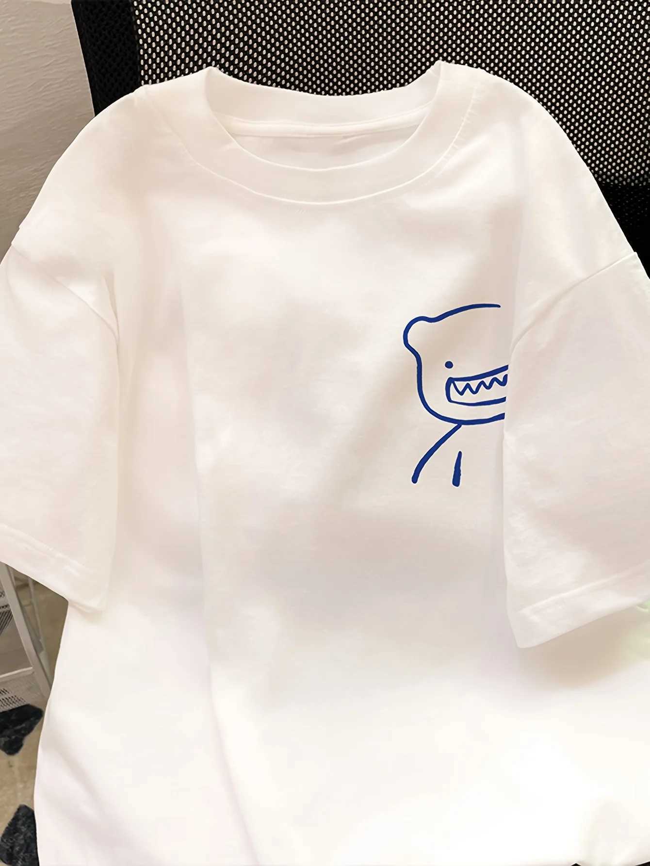 Men Cute Bear Face Pattern T-shirt Suitable Daily Casual Wear Summer White Fabric Comfortable Wear Street Style Fashionable Top M260317