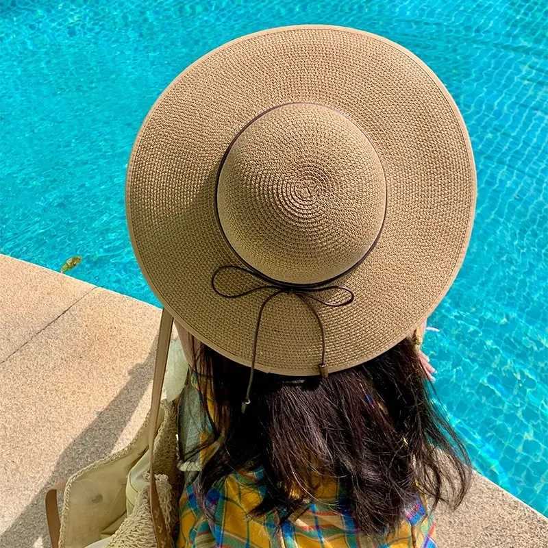 Fashion Women Straw Sun Hat Summer Wide Brim UV Protection Panama Hat with Belt Strap Outdoor Beach Vacation Travel Accessories H260317 - view 6