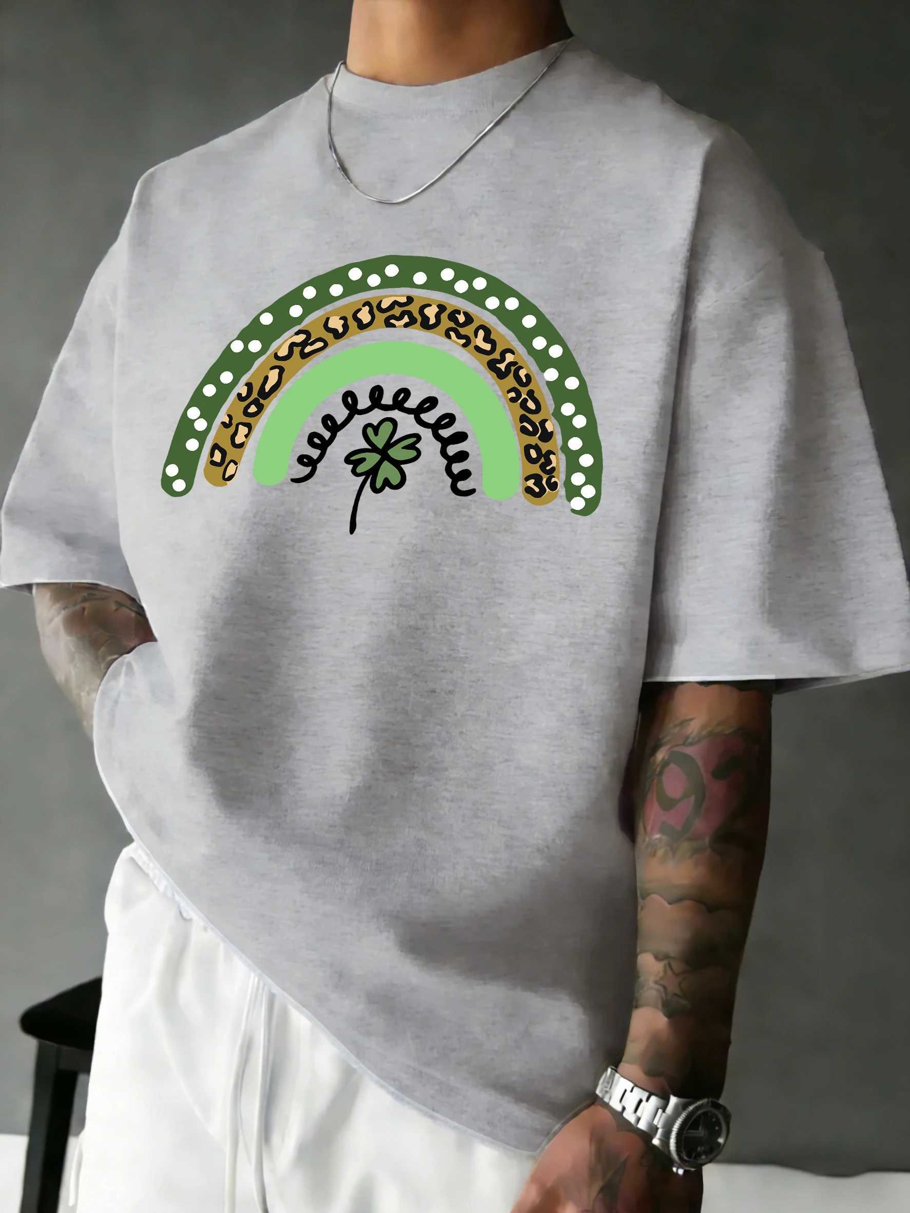 Rainbow Clover Greenprints Man Comfy Daily T Shirts Hip Hop Summer Beach T-Shirt Casual Oversize Clothes All-Match Cotton Tops M260317