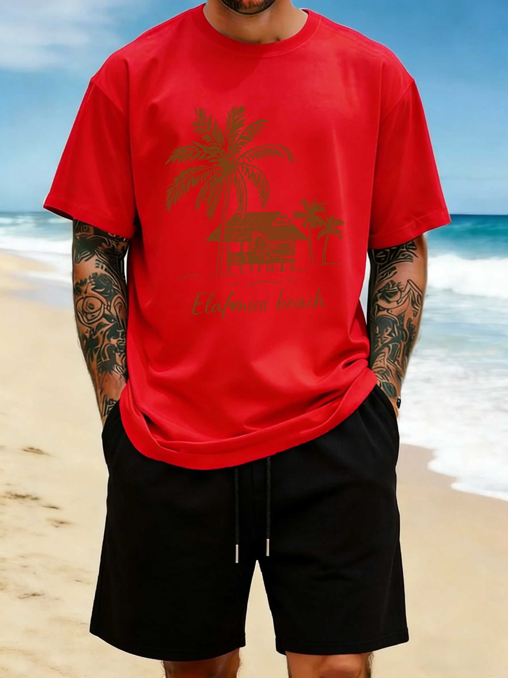 Beach Coconut Trees Creative Printing Men T Shirt O-Neck Cotton Streetwear Casual Oversized Clothing Summer Hip Hop T-Shirt M260317