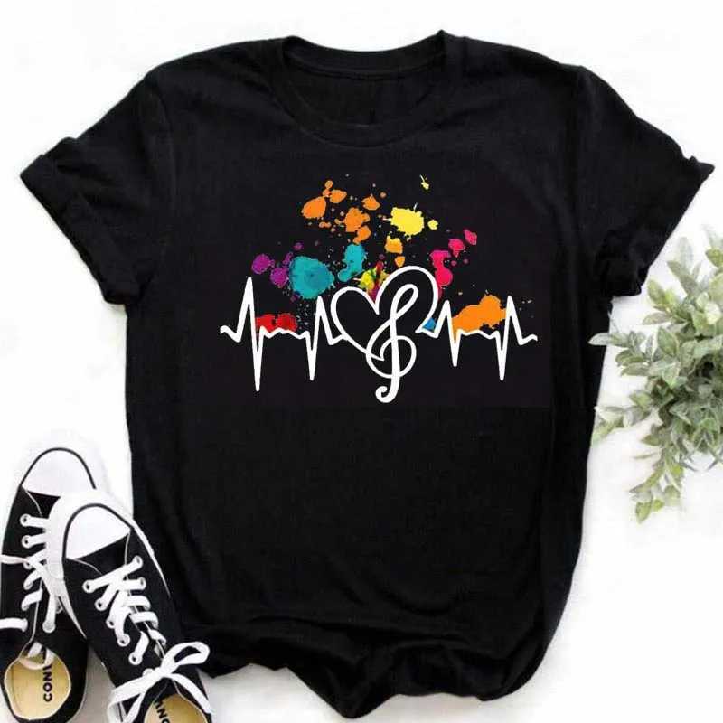 New Harajuku Funny Music Note Art T Shirt Fashion Women T Shirt Music Tops Short Sleeves Black T-shirt Ladies Casual Tees Top M260317