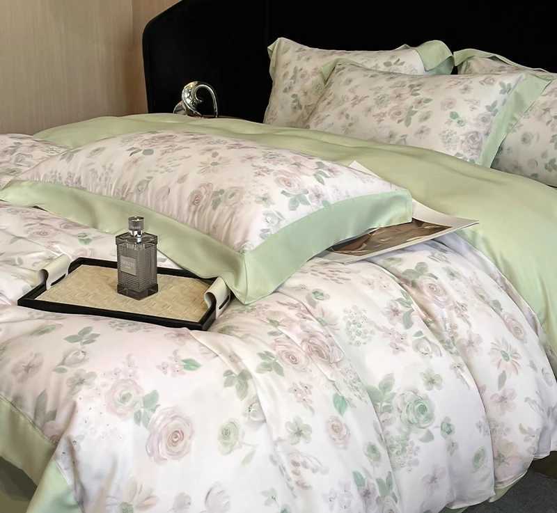 Summer Lyocell Four-Piece Set High-end Pastoral Print Bedding Duvet Cover 200x230 220x240 Naked Sleeping Cool Ice Silk D260317