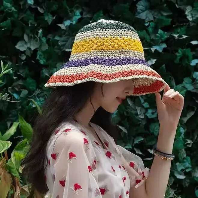 Rainbow Sun Hat Women Summer Striped Crochet Beach Bucket Hat Women Crochet Foldable Panama Hat Female Beach Sun Visor Cap H260317 - view 3