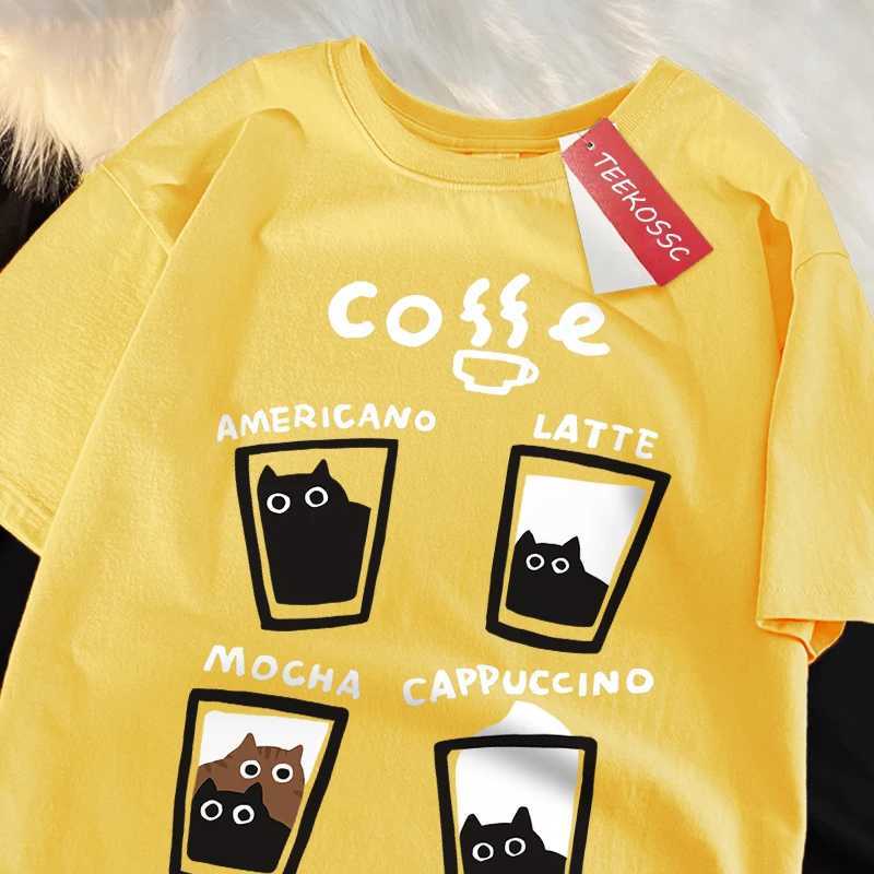 Fun Coffee Cat Japanese Style Men Women T-Shirts Oversize Tshirt Breathable Loose Short Sleeve Tee Clothes Cotton Streetwear M260317