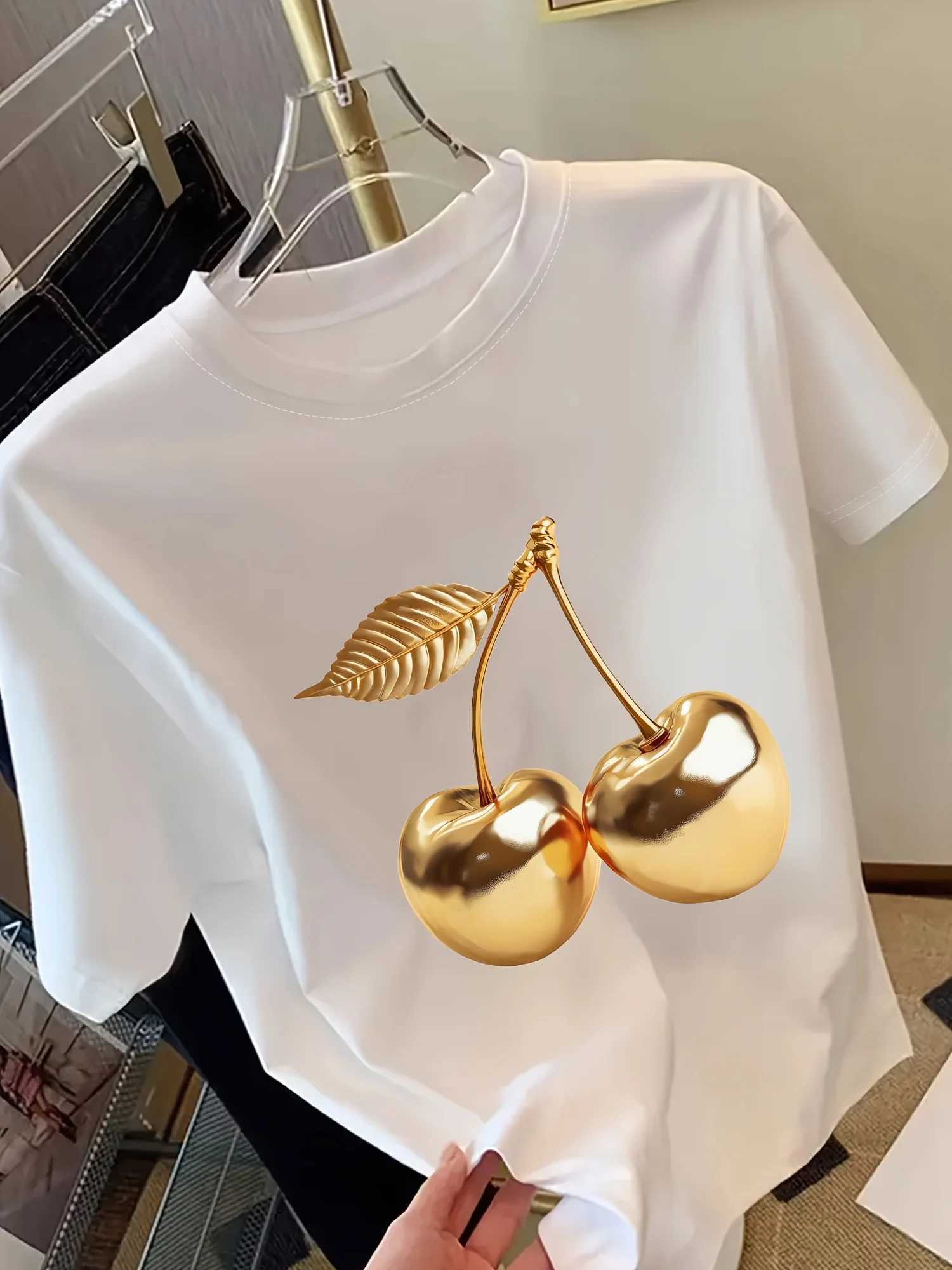 Golden Cherry Print Women Short Sleeve T-Shirt Stylish Casual Tee a Sense of Elegance Versatile Top for Women Minimalist Design M260317